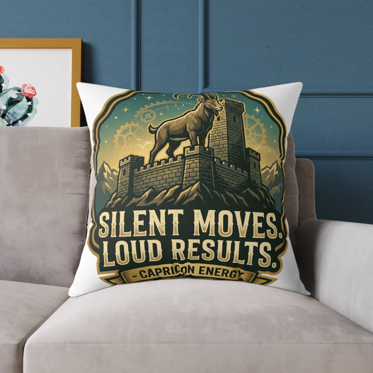 Capricorn Pillow — "Silent Moves, Loud Results" Square Throw Pillow