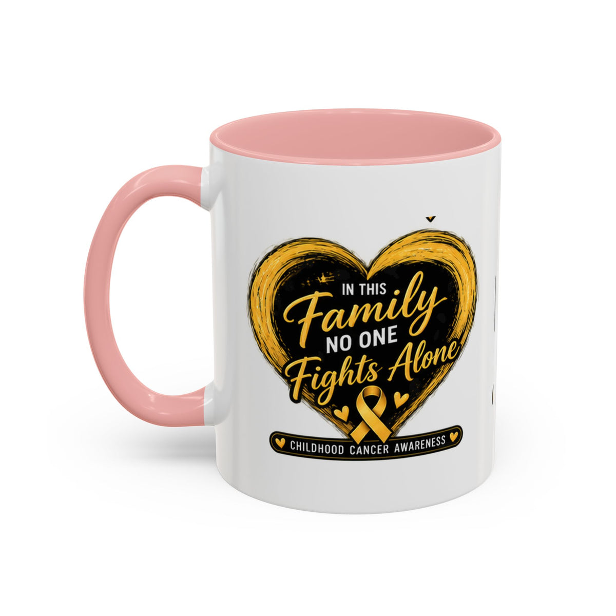 Childhood Cancer Awareness Accent Coffee Mug — "In This Family No One Fights Alone"