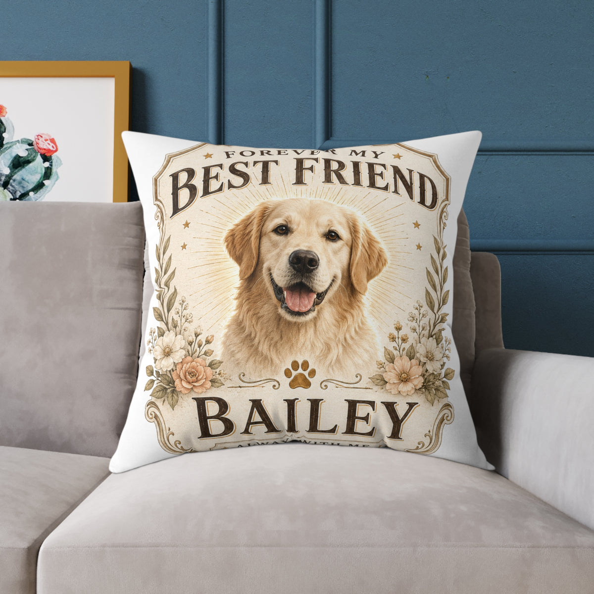 Milo Bailey Dog Dad Mom Square Pillow — "Forever My Best Friend" Personalized Dog Photo Pillow (Bailey)