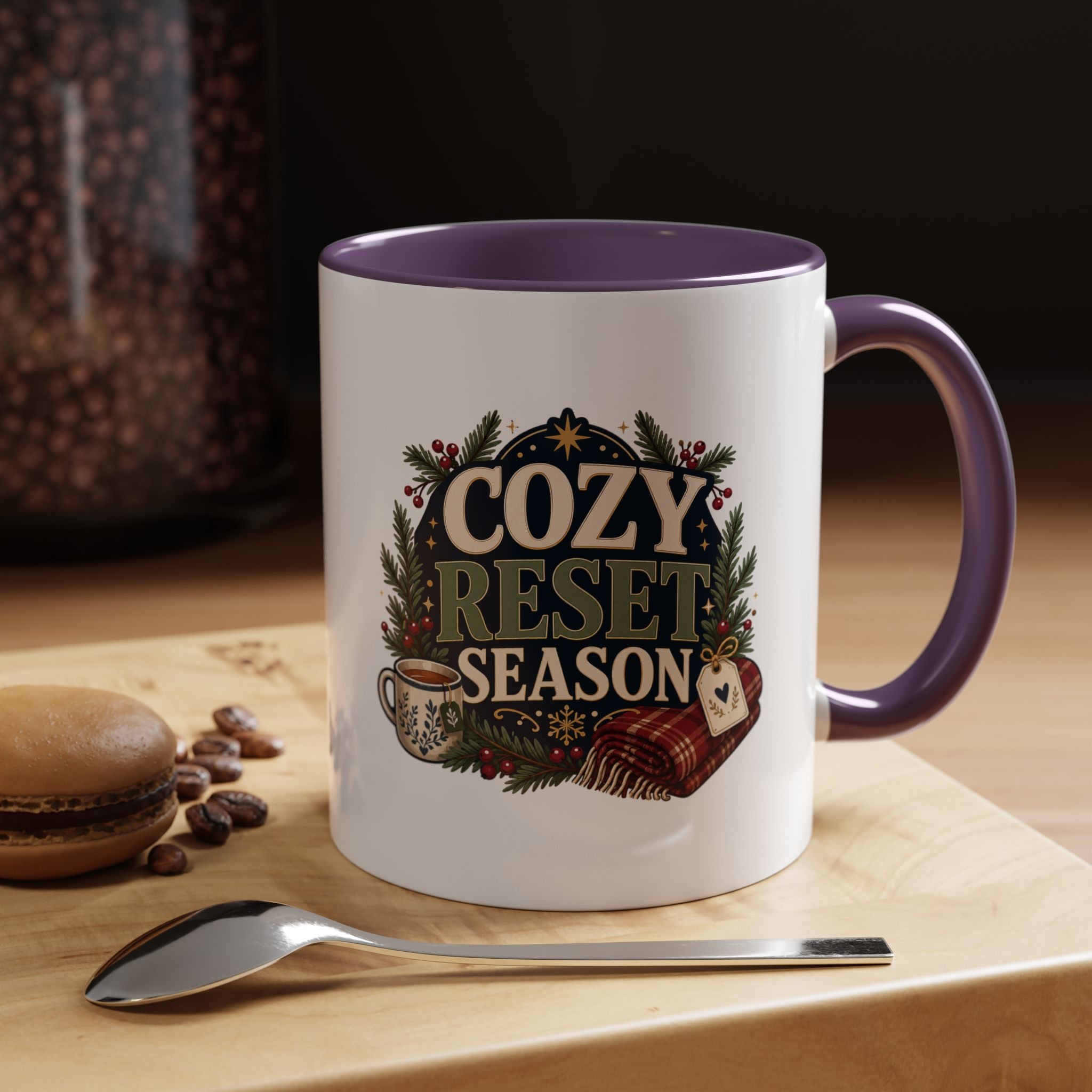 Modern Day Christmas Cozy Reset Season Mug — Holiday Coffee Cup with Blanket & Tea Tag Design
