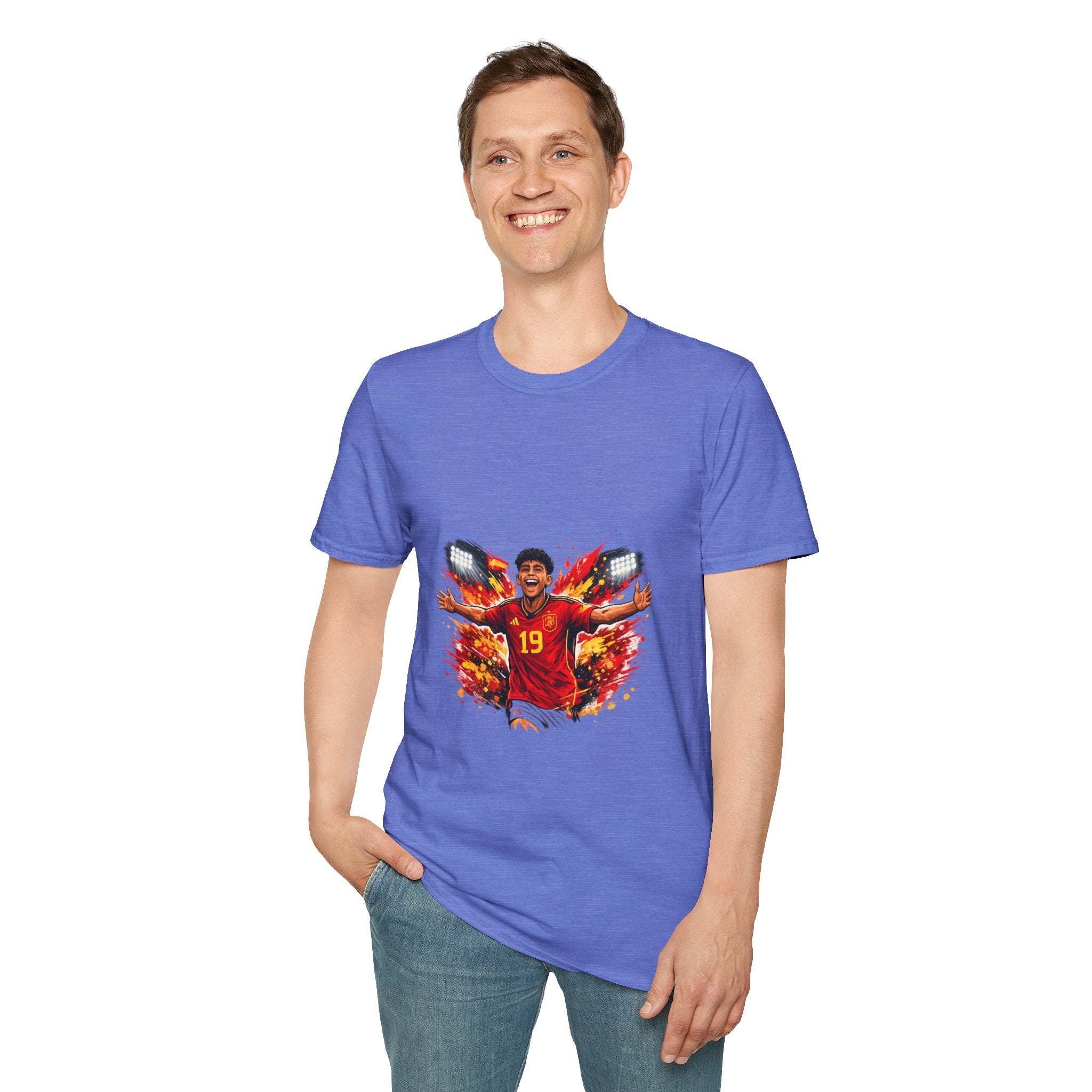 Spain Soccer Fan Portrait T‑Shirt – Fiery Goal Celebration Design