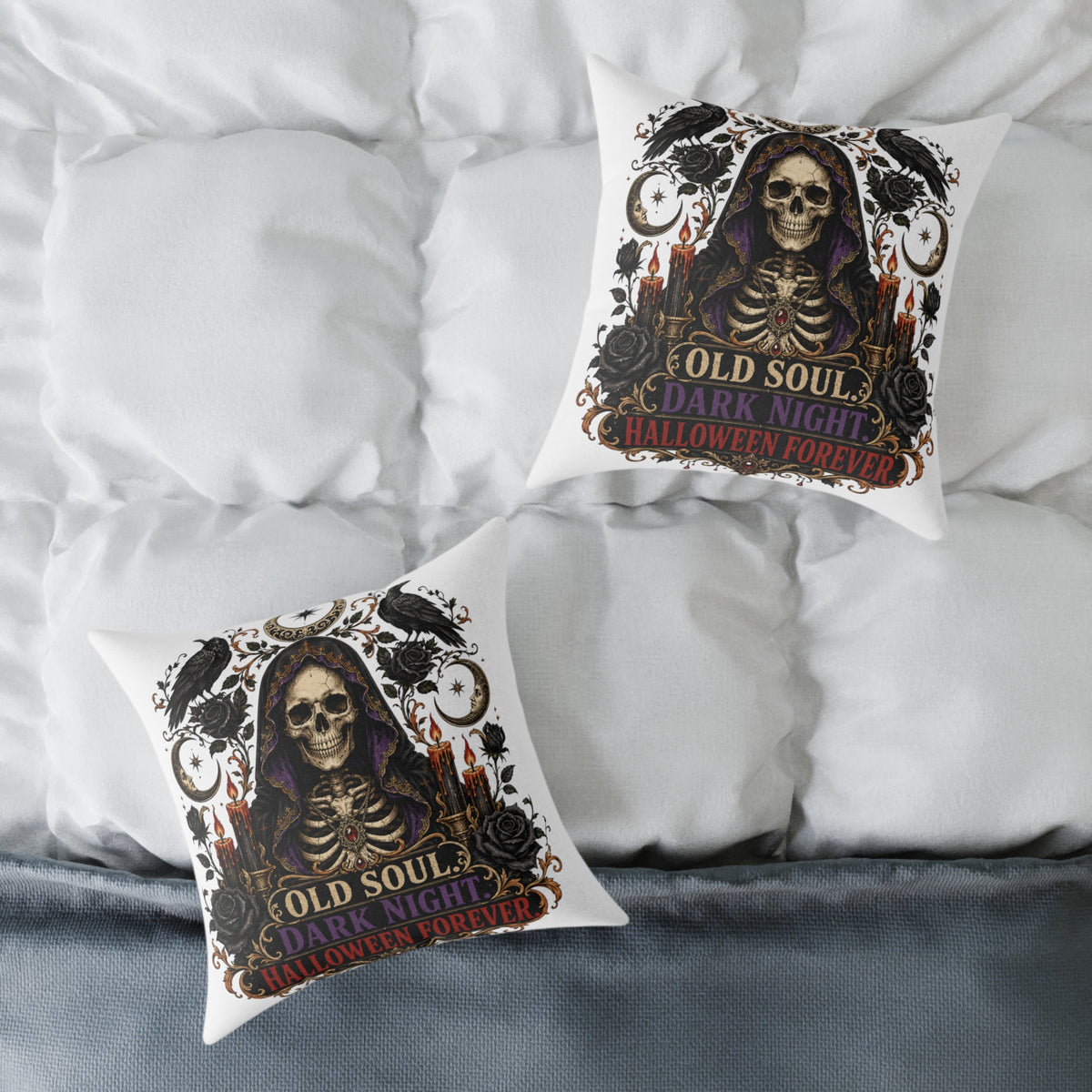 Halloween Skull Pillow — "Old Soul, Dark Night" Decorative Cushion