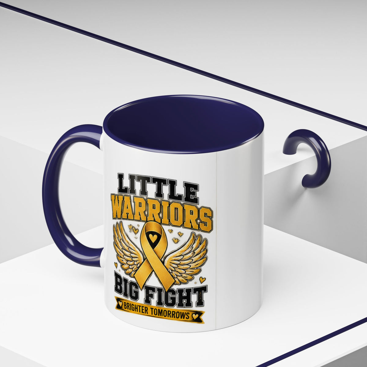 Little Warriors Big Fight Childhood Cancer Awareness Coffee Mug — Gold Ribbon Support Accent Mug