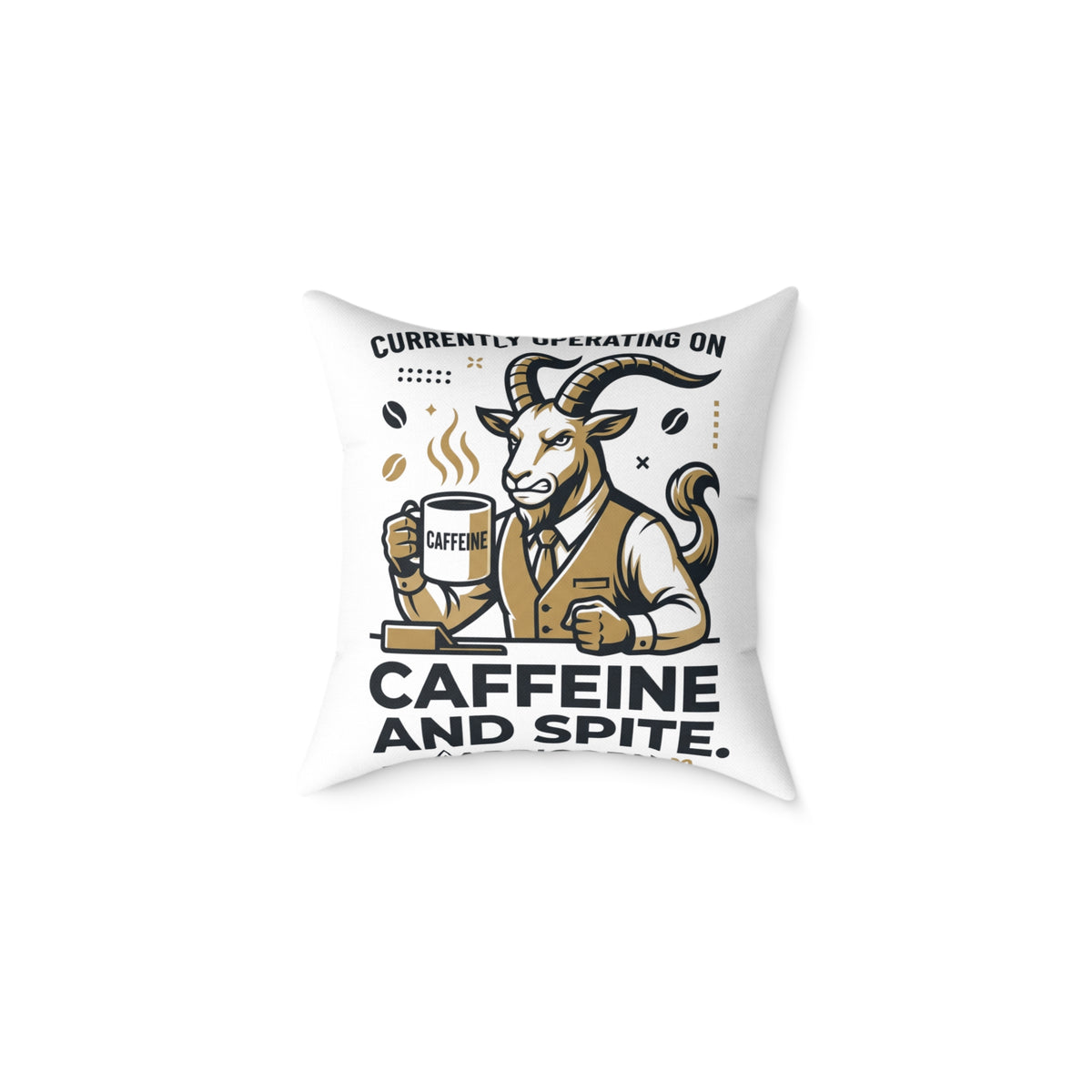 Capricorn Caffeine and Spite Goat Pillow — Funny Coffee Lover Square Throw Pillow