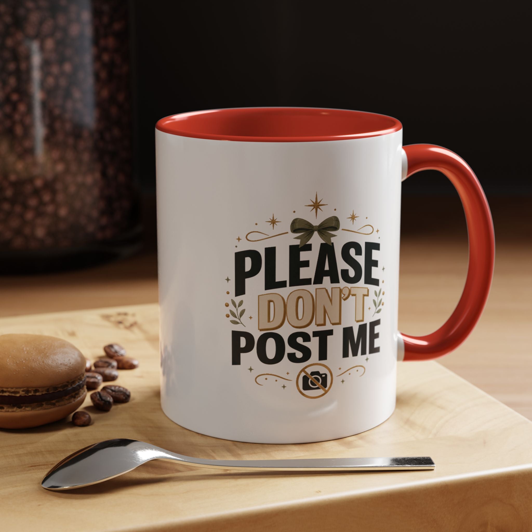 Christmas Please Don't Post Me Accent Coffee Mug — Funny Privacy Camera Gift