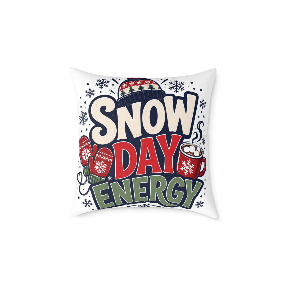 Christmas Snow Day Energy Pillow — Cozy Winter Decorative Throw Pillow with Holiday Mug & Mittens Design