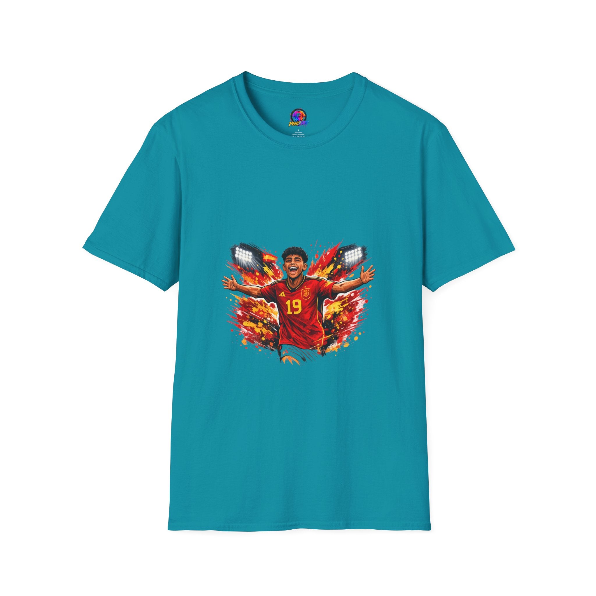 Spain Soccer Fan Portrait T‑Shirt – Fiery Goal Celebration Design