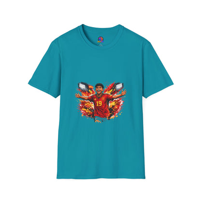 Spain Soccer Fan Portrait T‑Shirt – Fiery Goal Celebration Design