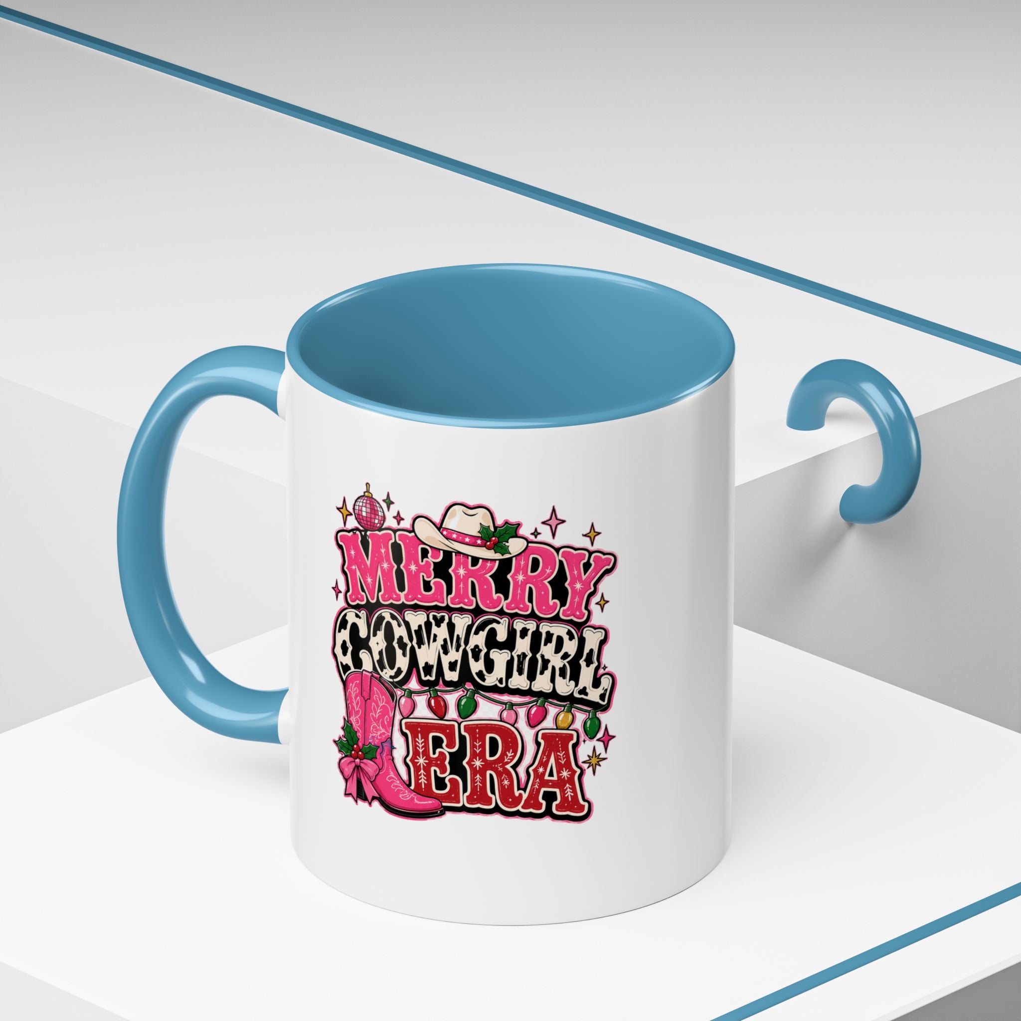Modern Day Christmas Merry Cowgirl Era Accent Coffee Mug — Festive Pink Western Cowboy Boots & Hat Mug