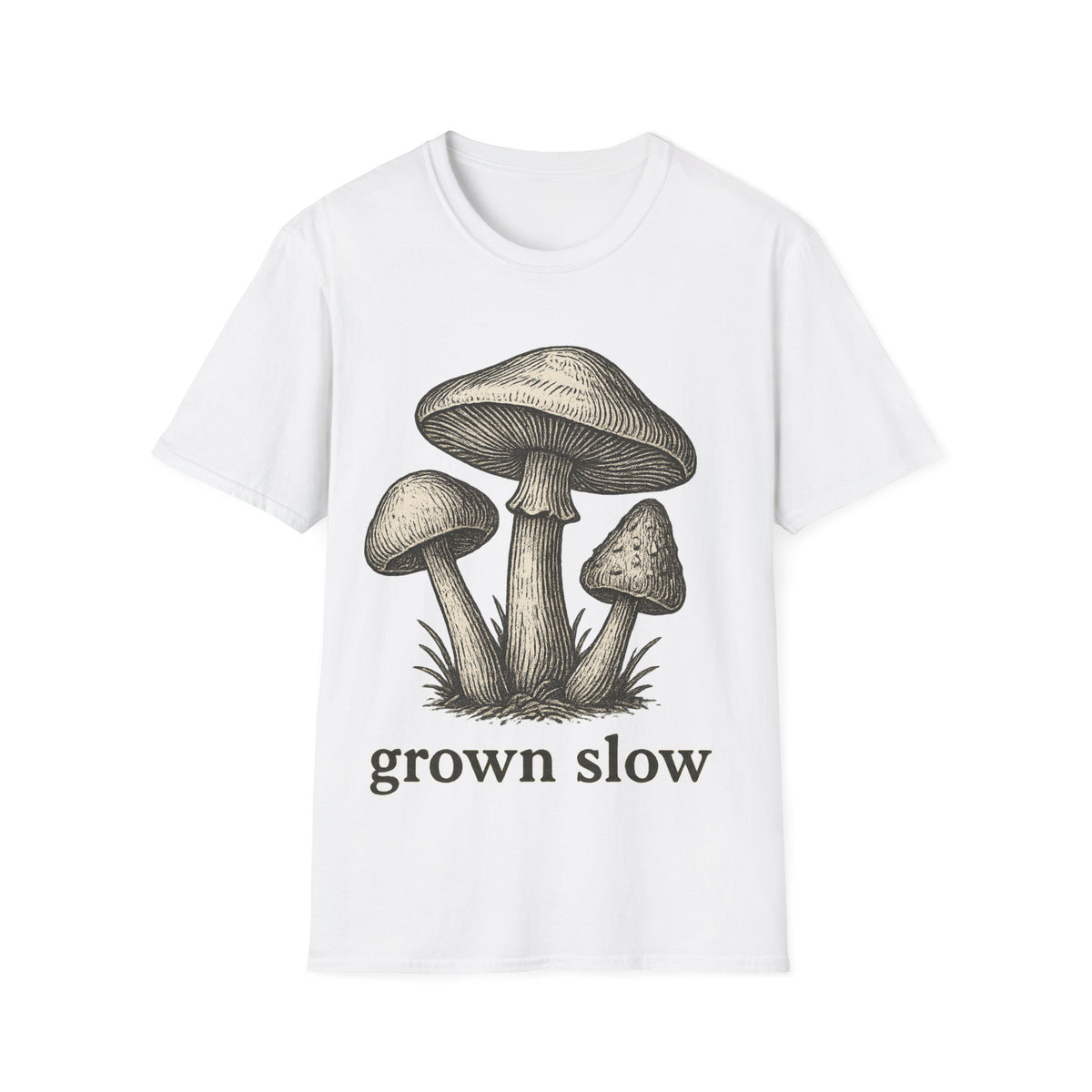 "Grown Slow" Vintage Wild Mushroom Tee - Aesthetic Cottagecore Nature Lover White T-Shirt - Trending Now - September 2026