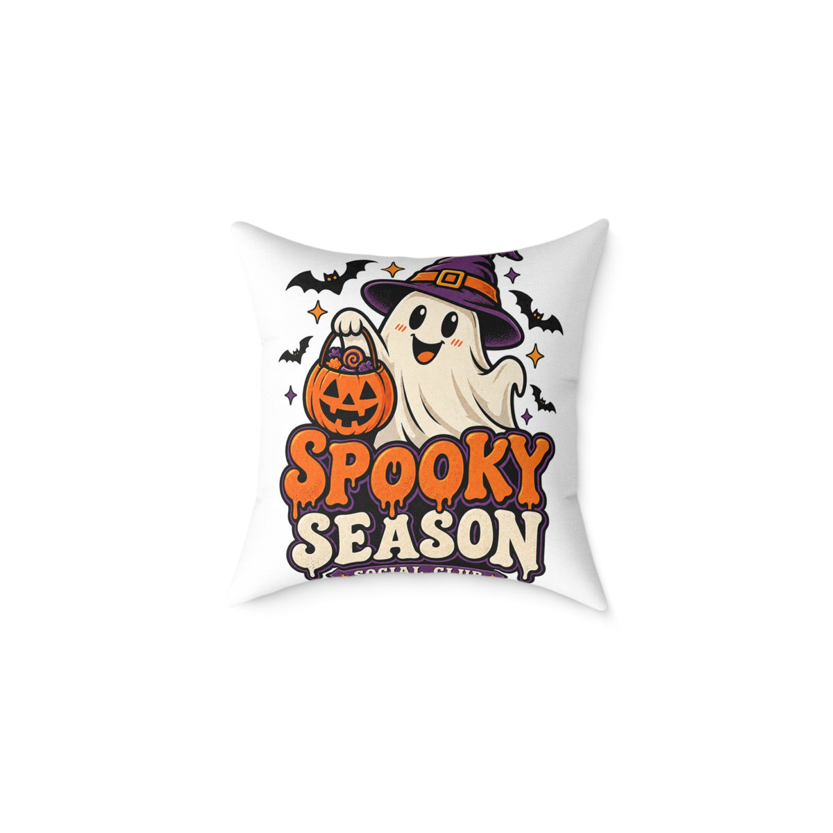 Spooky Season Halloween Pillow - Cute Ghost & Pumpkin Square Throw Pillow
