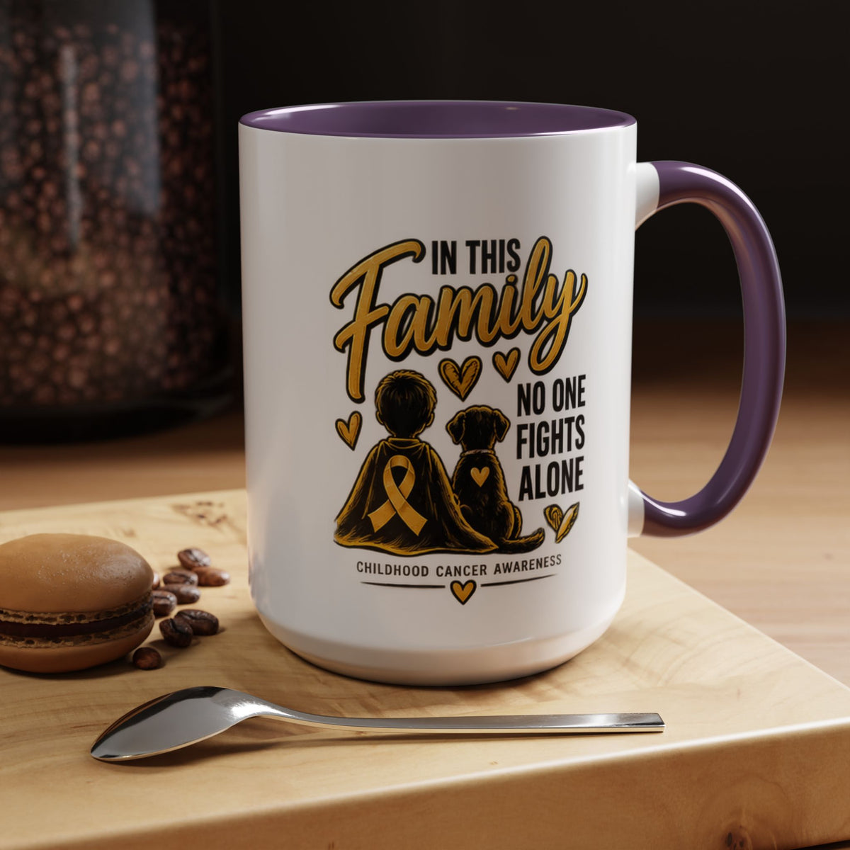 Childhood Cancer Awareness Coffee Mug — "In This Family No One Fights Alone"