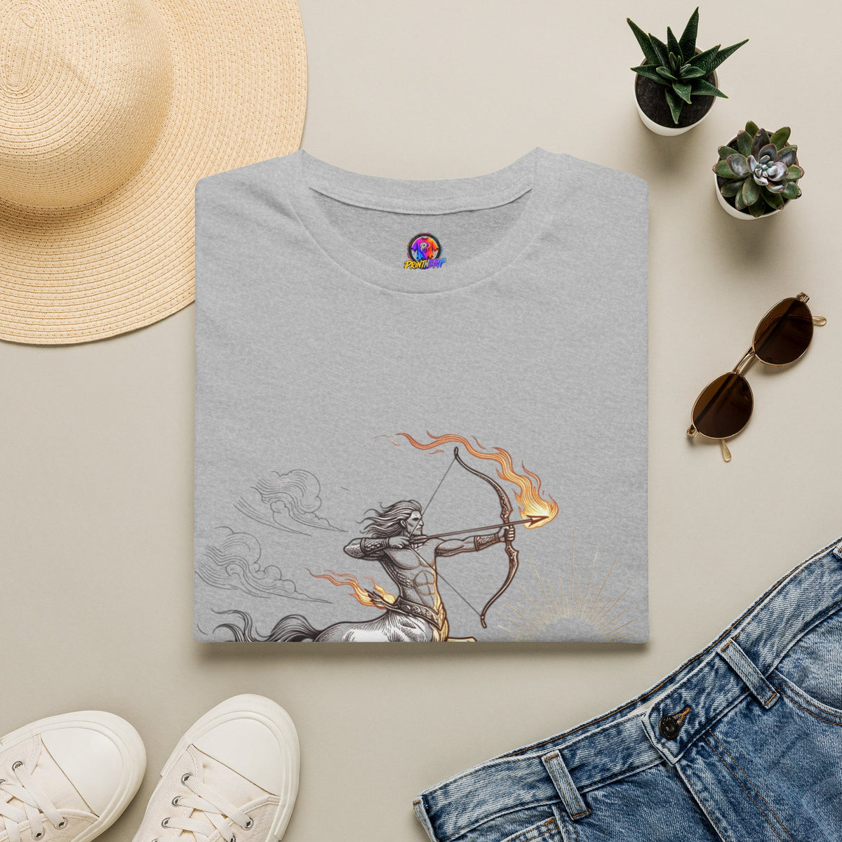 Sagittarius Centaur Archer T-Shirt — Mythical Archer Graphic Tee (Flaming Bow)