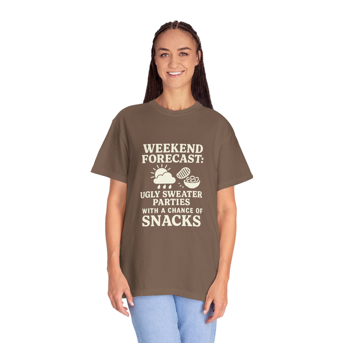 Weekend Forecast T-Shirt — "Ugly Sweater Parties with a Chan of Snacks" Holiday Tee - Trending Now - October 2026
