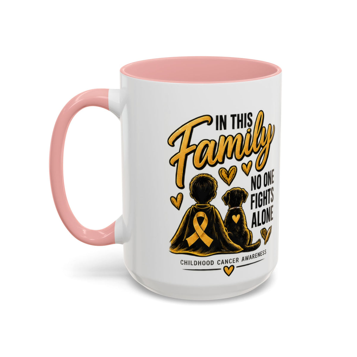 Childhood Cancer Awareness Accent Coffee Mug – "In This Family No One Fights Alone" (11/15oz)