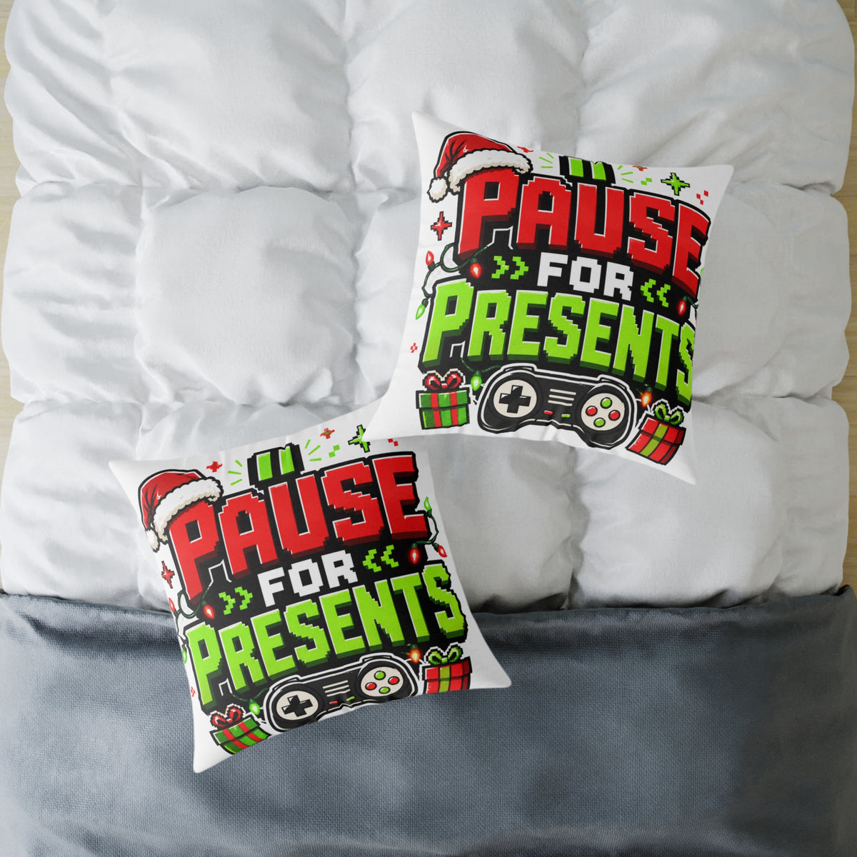 Modern Day Christmas Holiday Gamer Pillow — "Pause for Presents" Christmas Gaming Throw Pillow