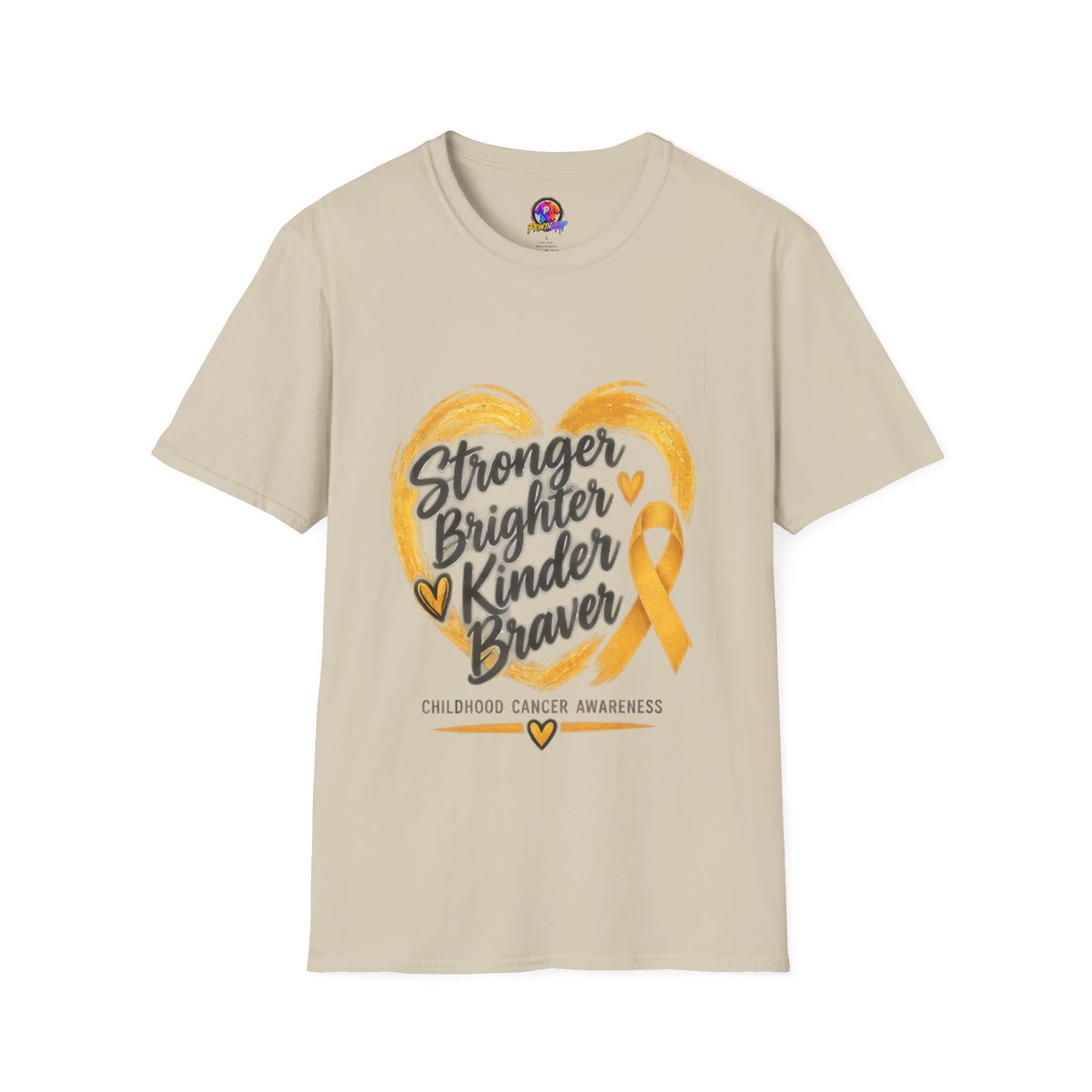 Childhood Cancer Awareness T-Shirt — "Stronger Brighter Kinder Braver" Gold Ribbon