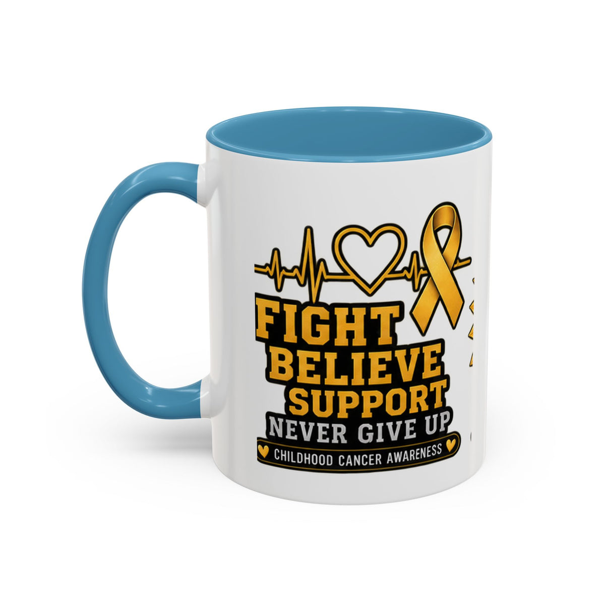 Childhood Cancer Awareness Accent Coffee Mug — "Fight Believe Support" 11/15oz