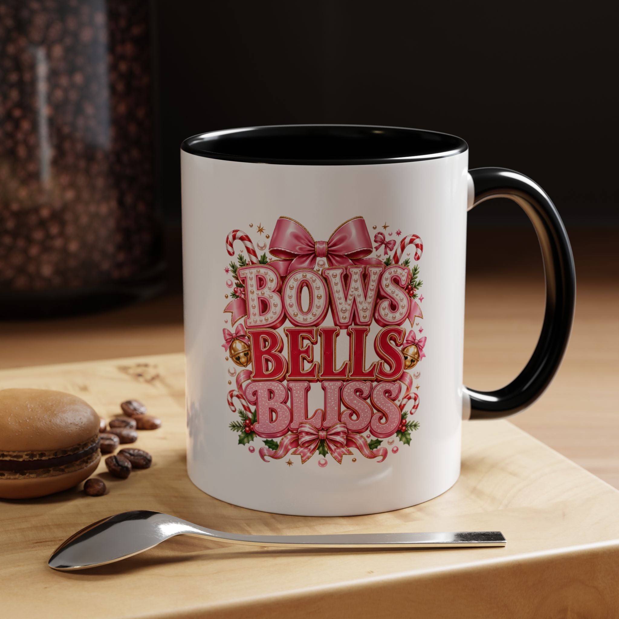 Modern Day Christmas Bows Bells Bliss Coffee Mug — Pink Holiday Accent Mug