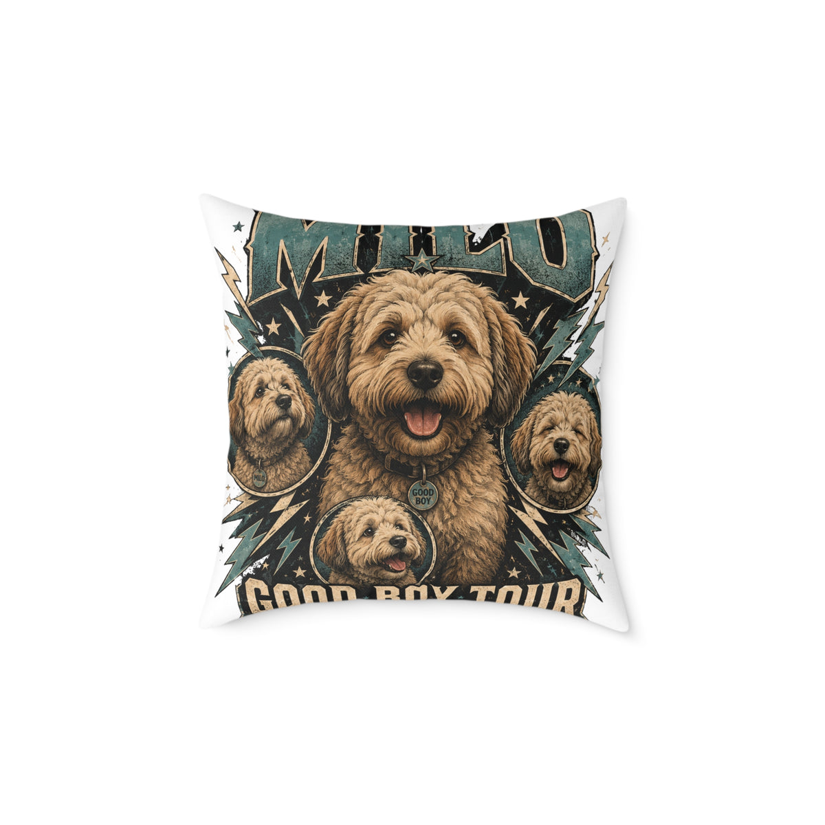 Milo Golden Doodle Band Tour Square Pillow  Milo Bailey Dog Dad Mom— Retro Dog Portrait Decorative Throw