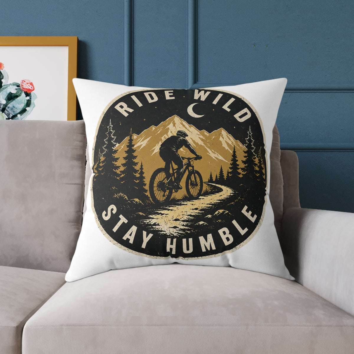 Ride Wild Stay Humble Mountain Bike Pillow  Milo Bailey Dog Dad Mom — Outdoor Cycling Adventure Throw Pillow