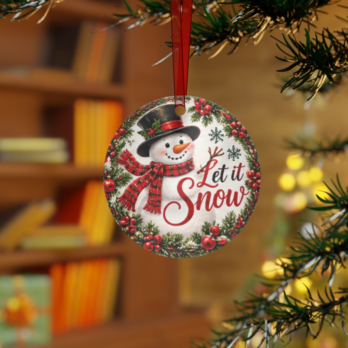 Let It Snow Snowman Metal Ornament — Round Christmas Holiday Decoration
