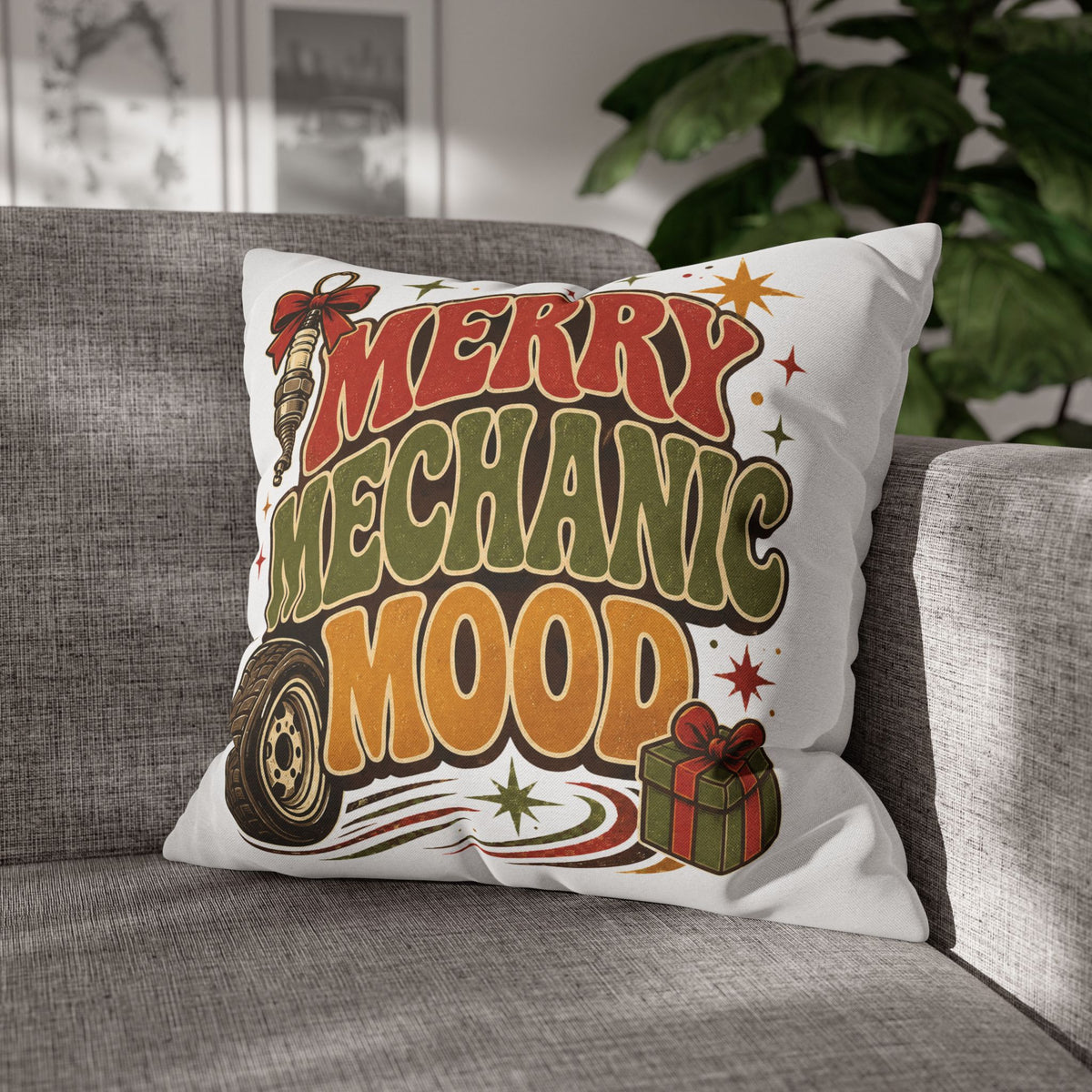 Merry Mechanic Mood Pillowcase Modern Day Christmas  — Festive Automotive Holiday Throw Pillowcase