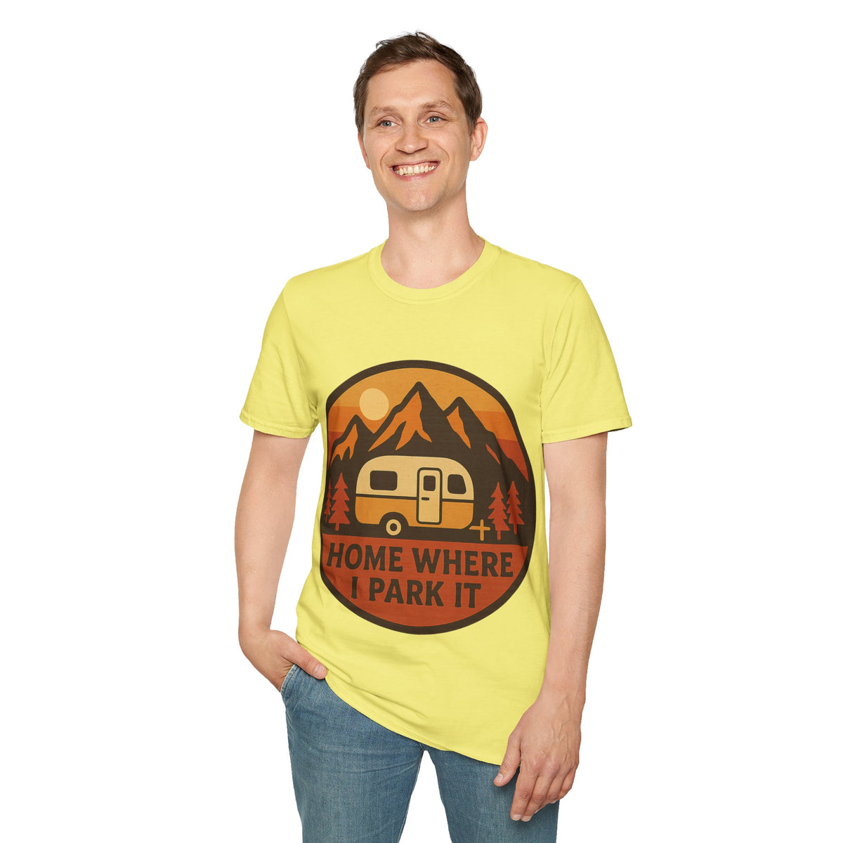 "Home Where I Park It" Vintage Camper Van Graphic Tee - Retro Sunset Mountain White T-Shirt - Trending Now - September 2026