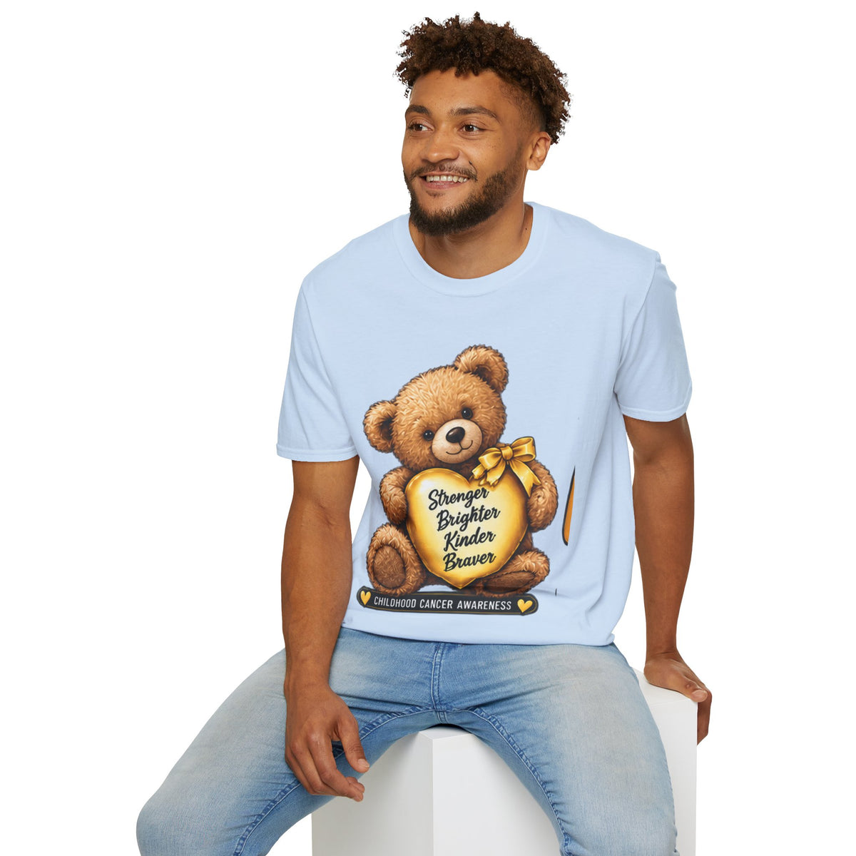 Childhood Cancer Awareness Teddy T-Shirt — "Stronger Brighter Kinder Braver"
