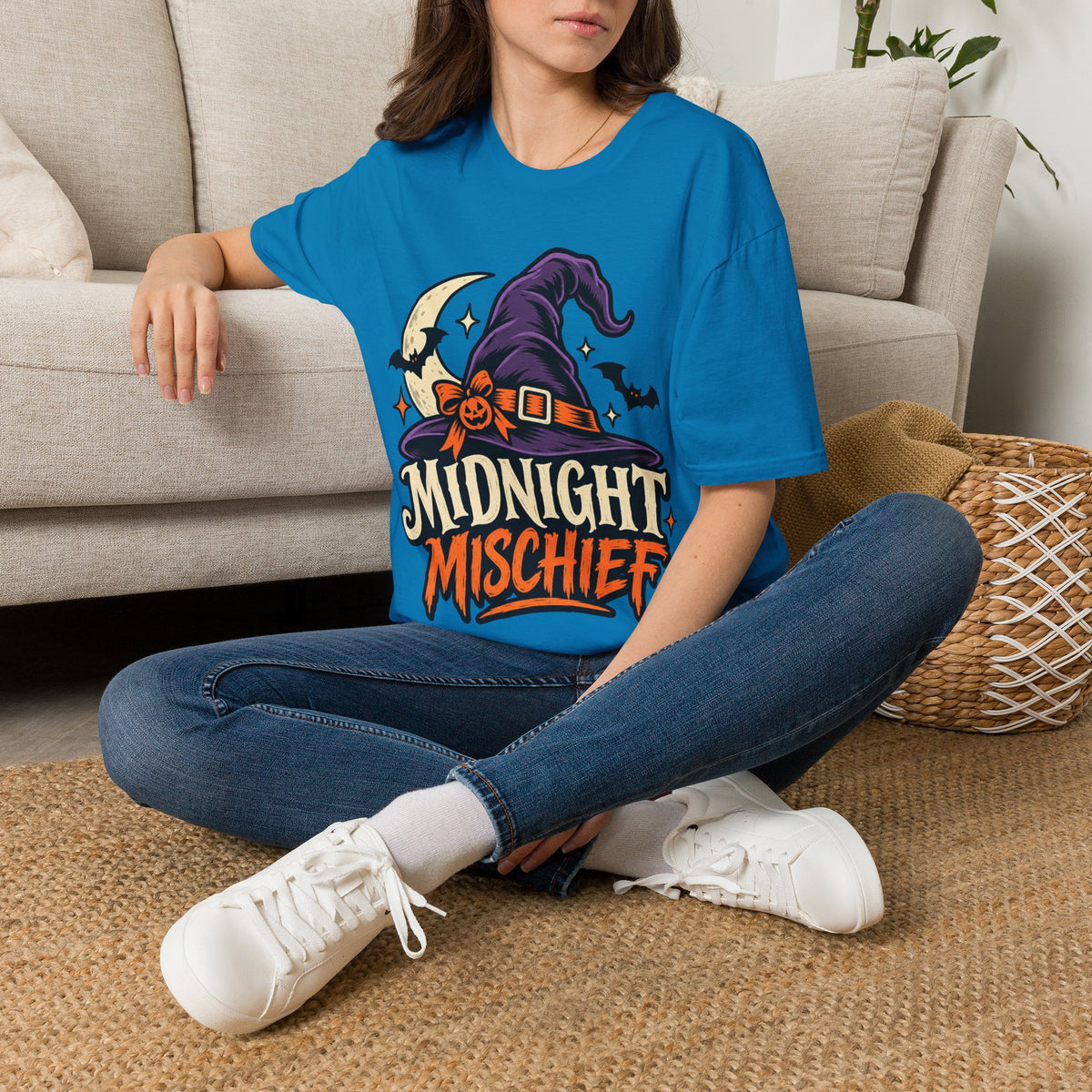 Midnight Mischief Halloween T-Shirt — Witch Hat & Bats Graphic