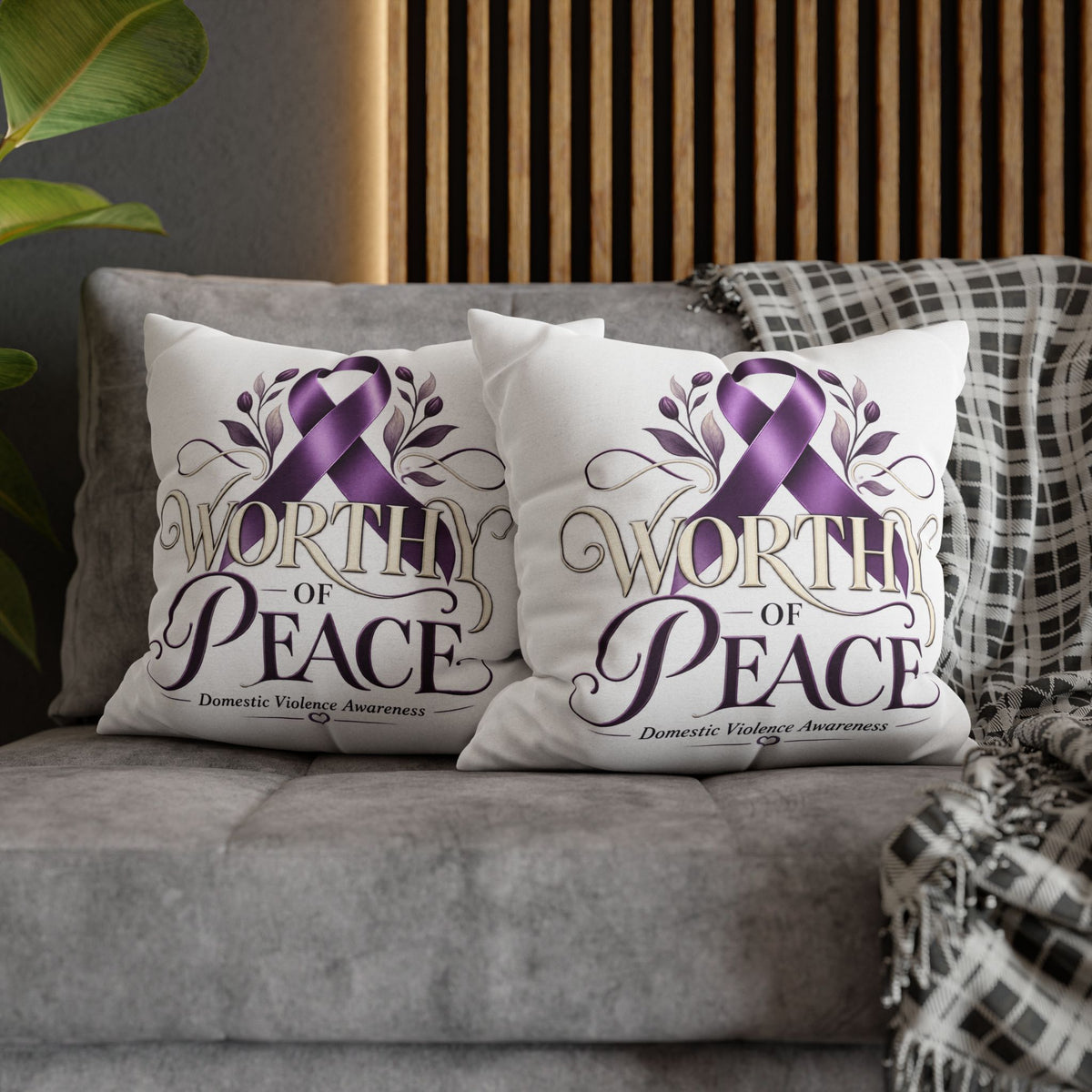 Worthy of Peace Purple Ribbon Pillowcase — Domestic Violence Awareness Throw Pillow