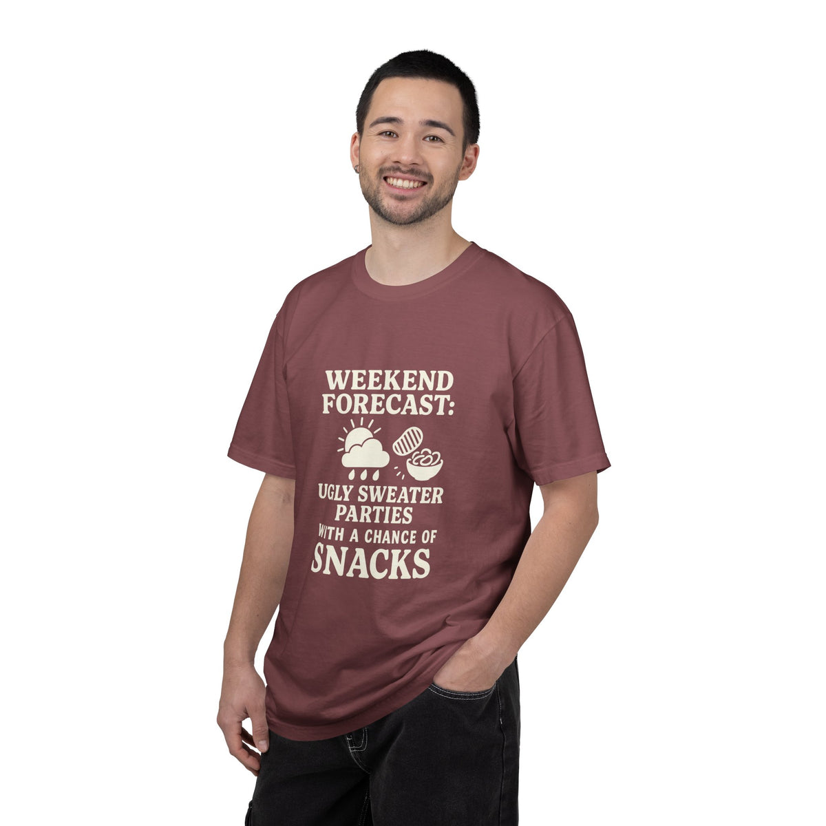 Weekend Forecast T-Shirt — "Ugly Sweater Parties with a Chan of Snacks" Holiday Tee - Trending Now - October 2026