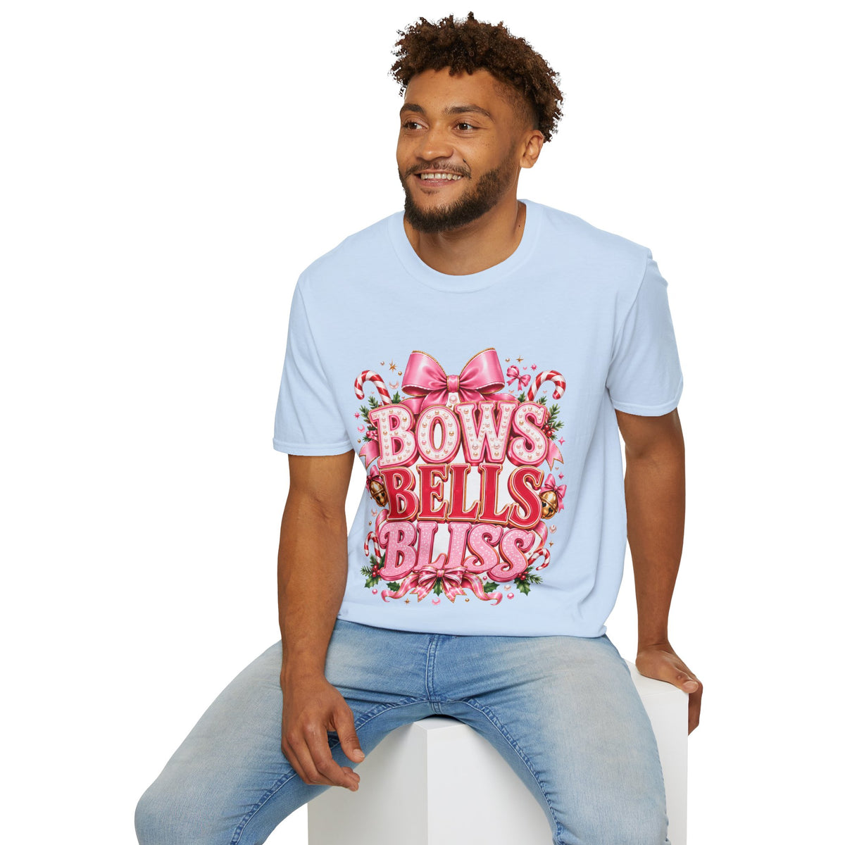 Bows Bells Bliss Christmas T‑Shirt — Pink Holiday Bow Graphic