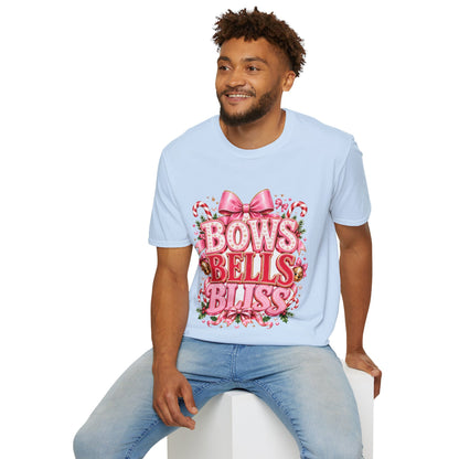 Bows Bells Bliss Christmas T‑Shirt — Pink Holiday Bow Graphic