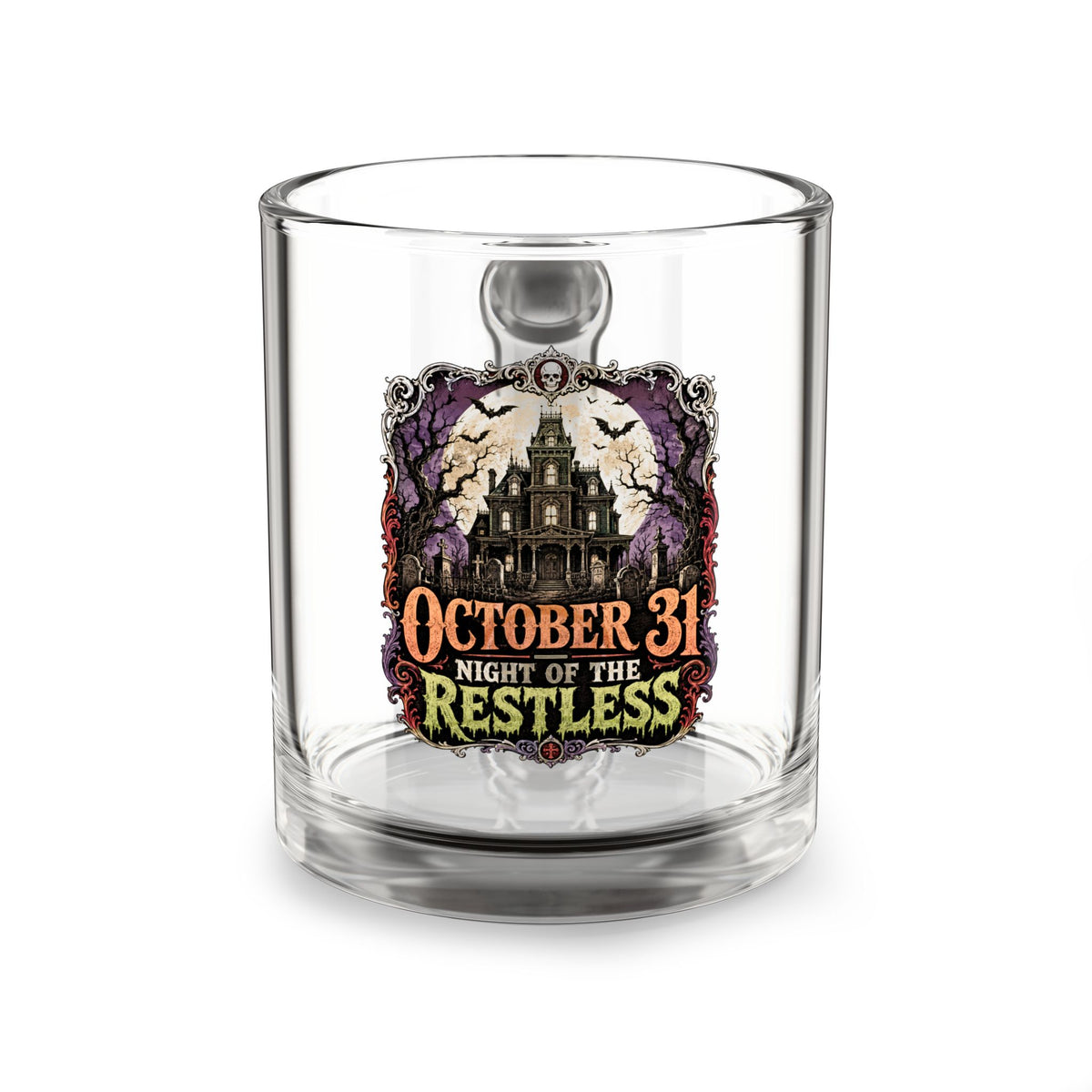 Halloween Glass Mug 10 oz  Glass Mug — "October 31 Night of the Restless" Haunted House Halloween Coffee Cup