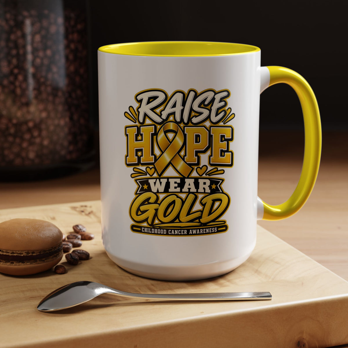 Raise Hope Wear Gold Cancer Awareness Coffee Mug (Accent, 11/15oz)