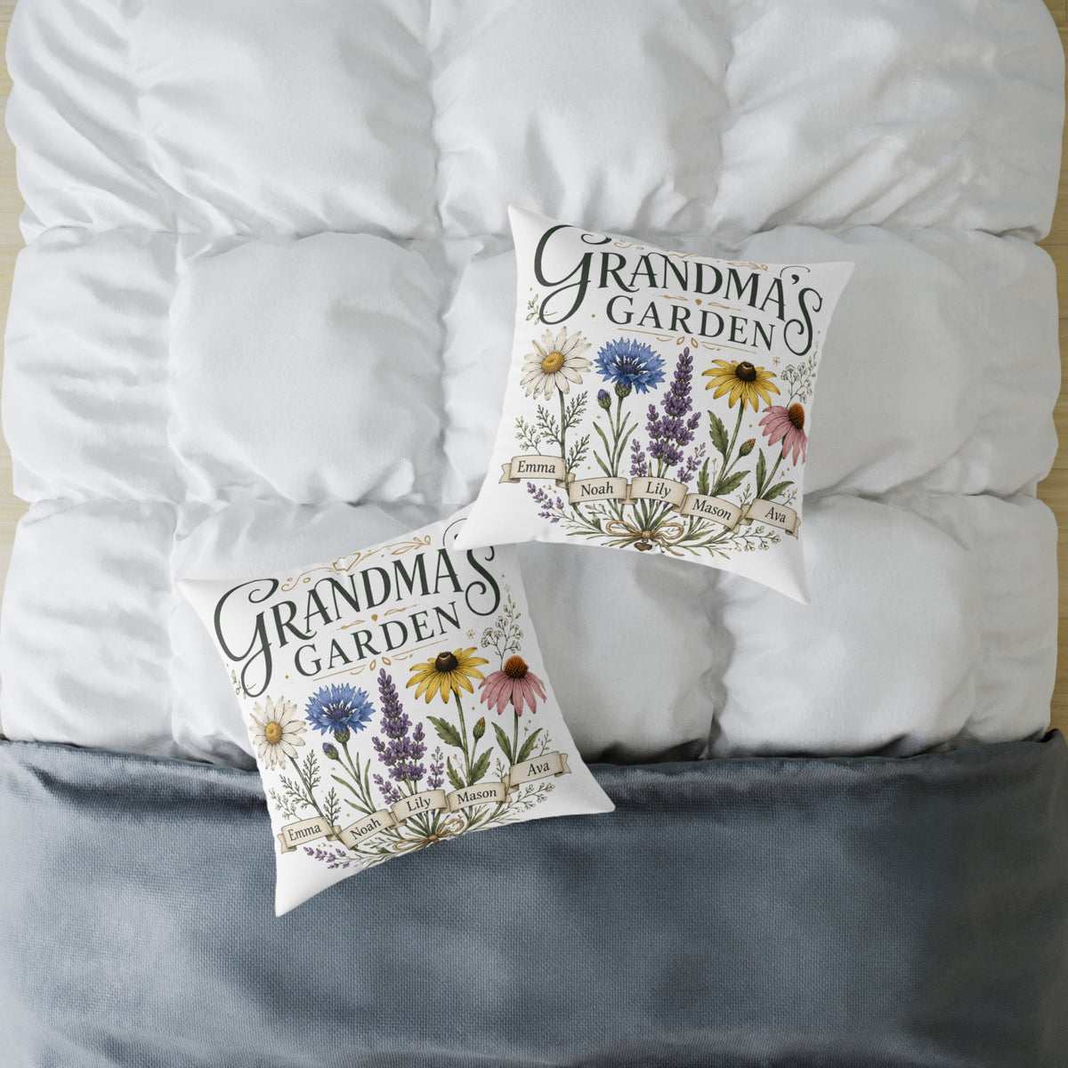 Grandma's Garden Floral Throw Pillow  Milo Bailey Dog Dad Mom— Personalized Family Names