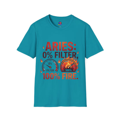 Aries T-Shirt — "Aries: 0% Filter, 100% Fire" Bold Zodiac Tee