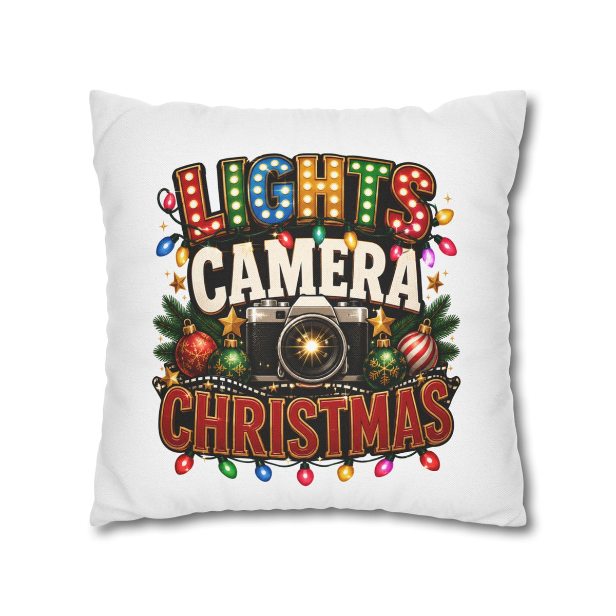 Christmas Photographer Pillowcase – “Lights Camera Christmas” Decorative Throw Pillow