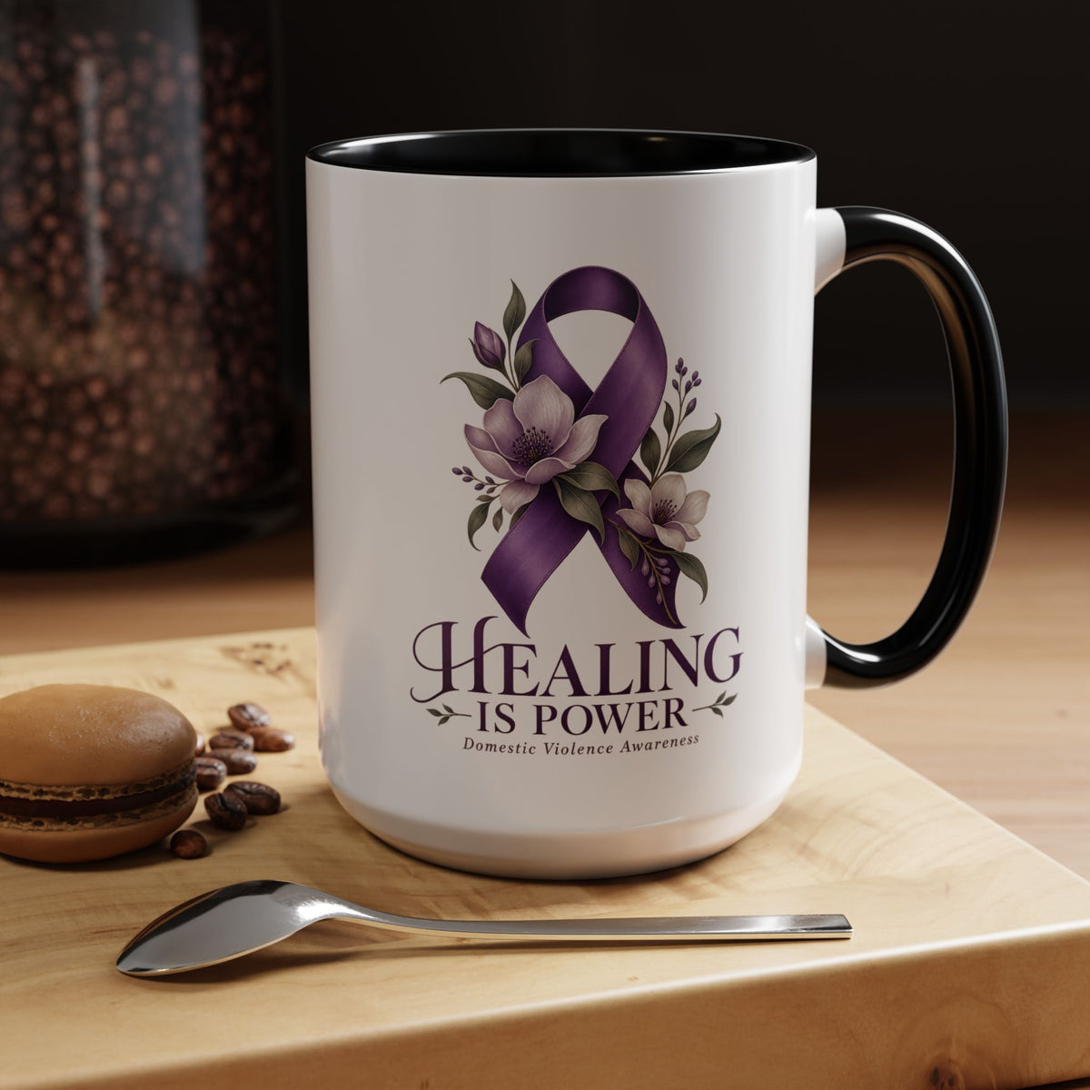 Healing Is Power Purple Ribbon Coffee Mug — Domestic Violence Awareness Accent Mug (11/15oz)