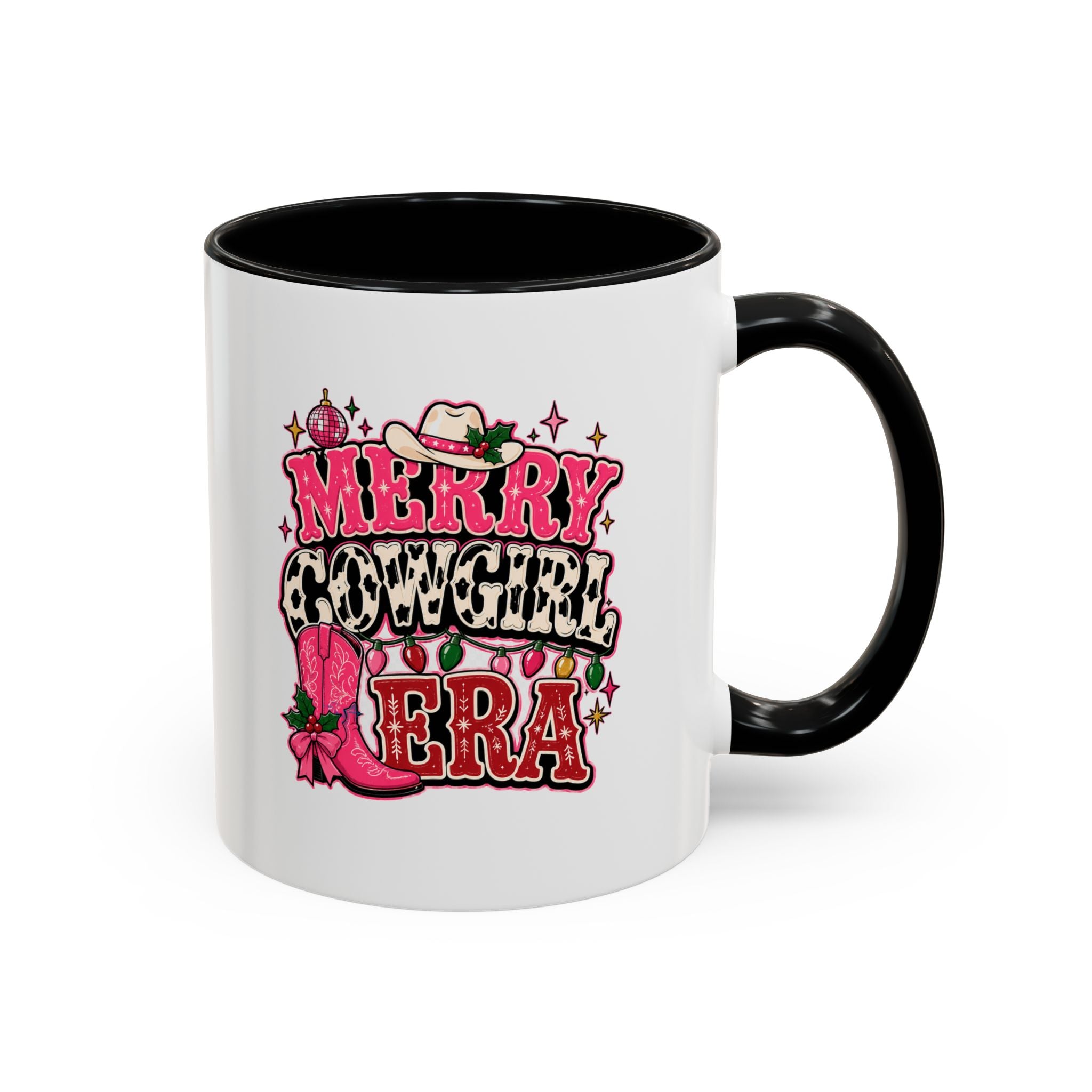 Modern Day Christmas Merry Cowgirl Era Accent Coffee Mug — Festive Pink Western Cowboy Boots & Hat Mug