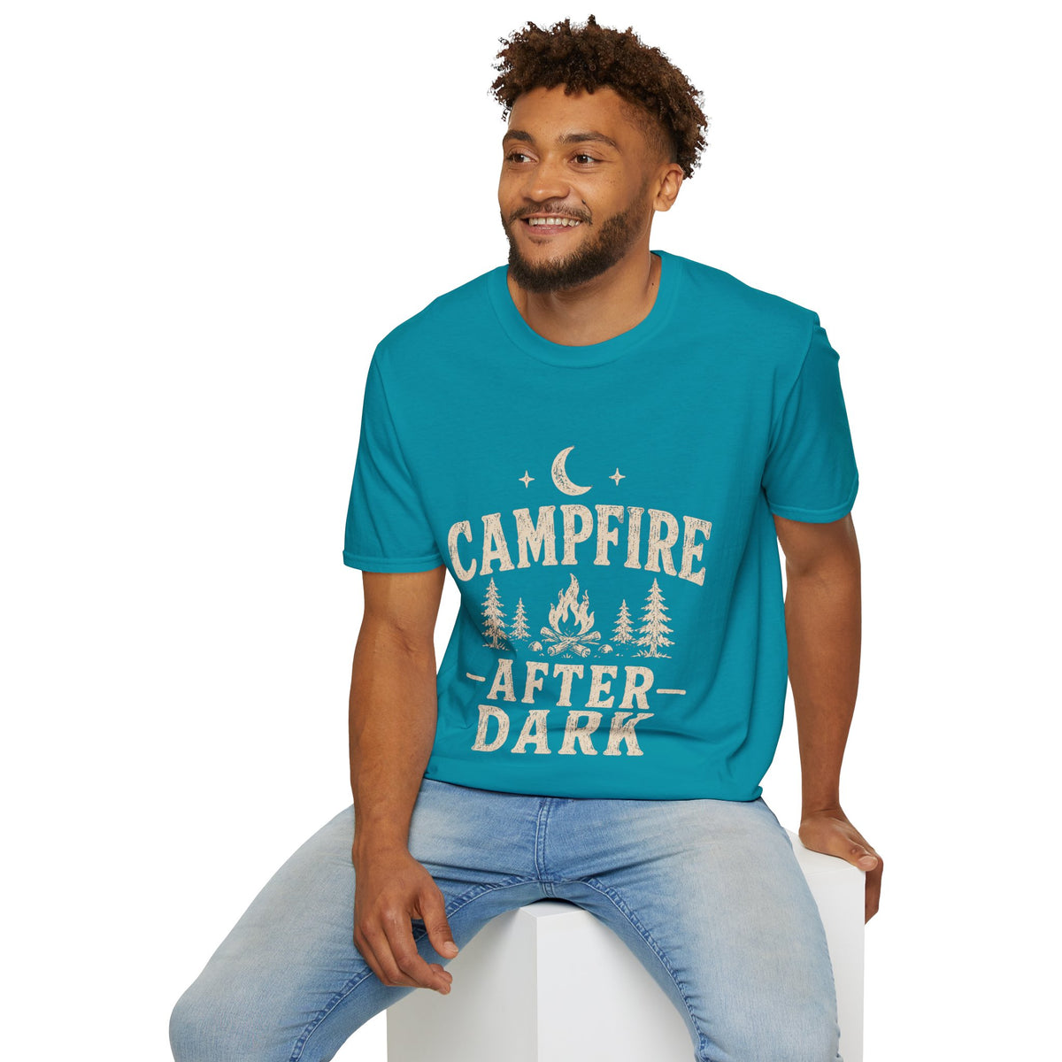 Campfire After Dark T-Shirt — Cozy Camping Moon & Trees Graphic
