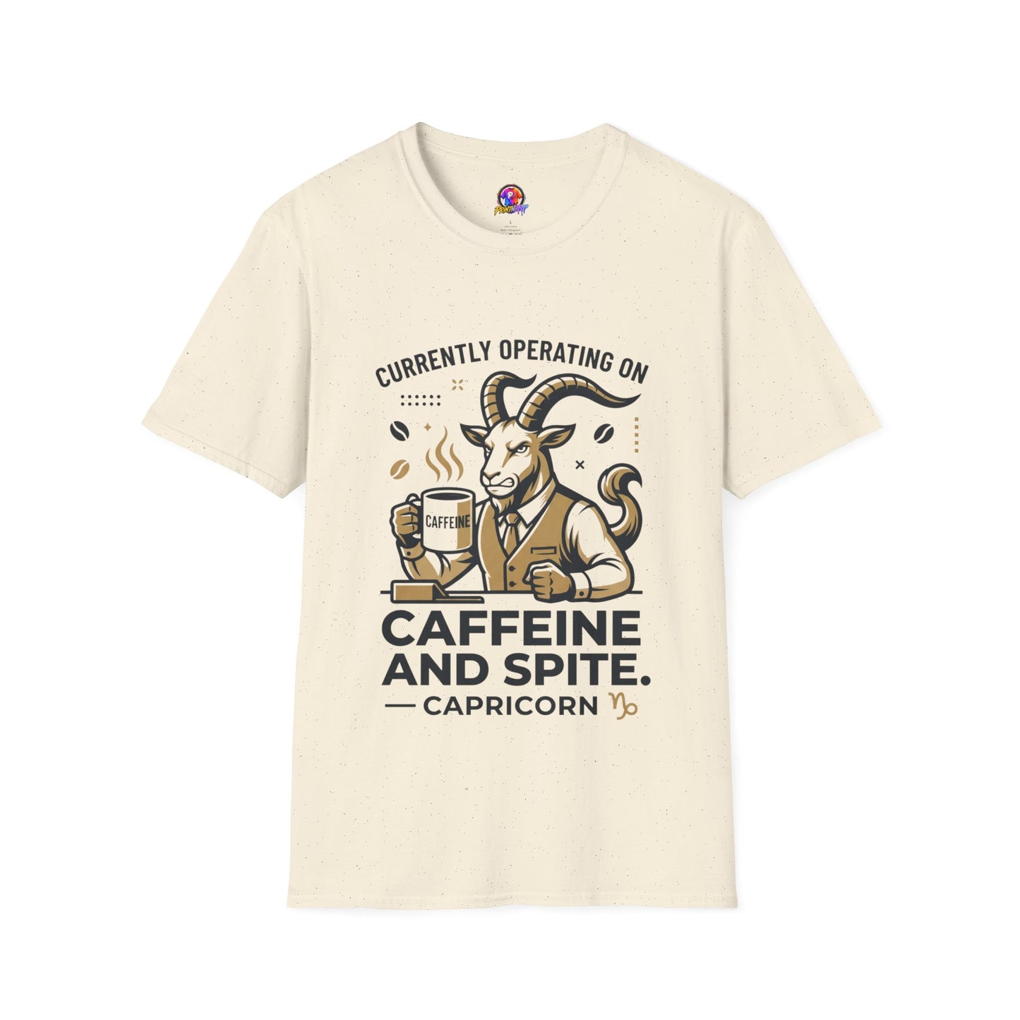 Capricorn T-Shirt — "Currently Operating on Caffeine and Spite" Zodiac Goat Tee
