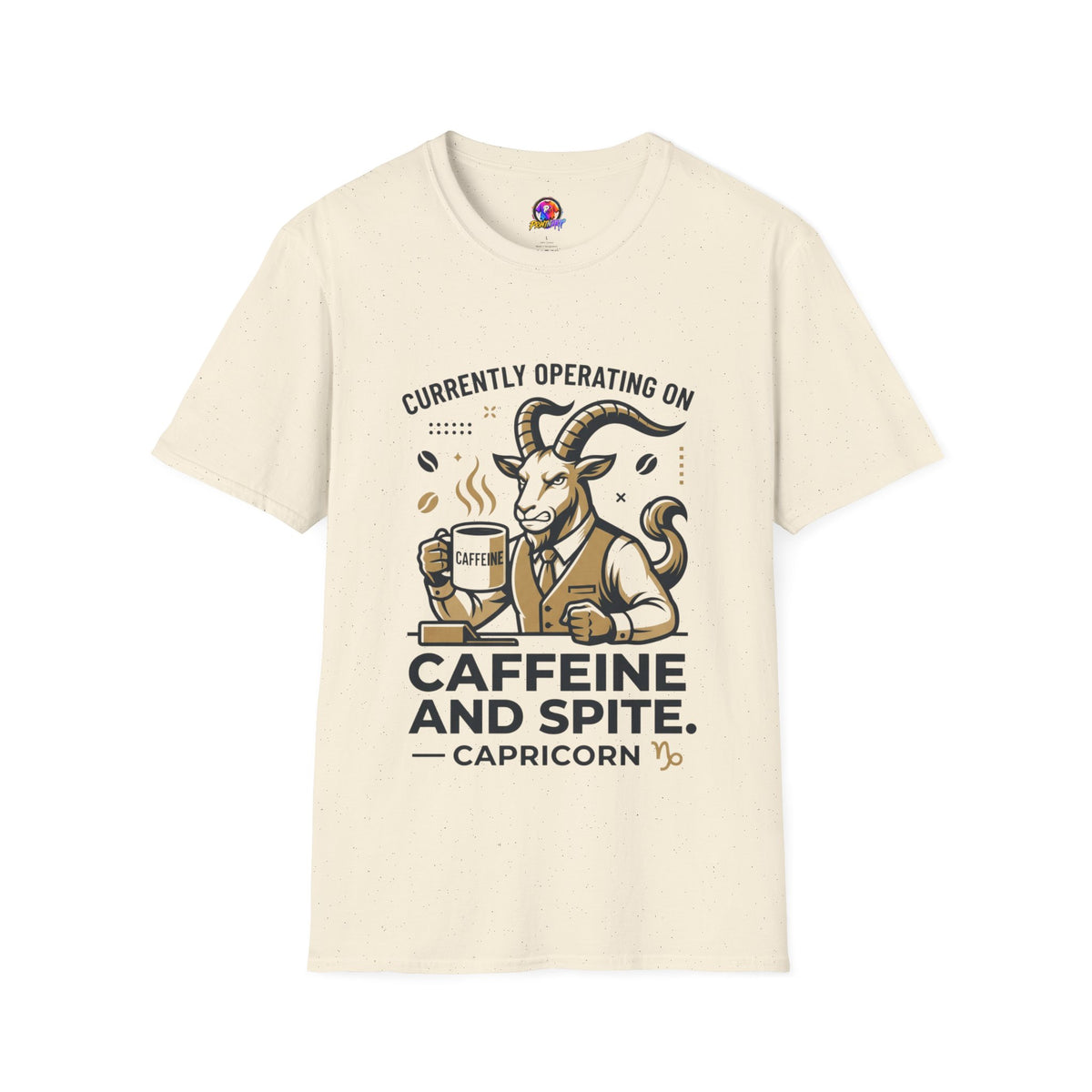 Capricorn T-Shirt — "Currently Operating on Caffeine and Spite" Zodiac Goat Tee
