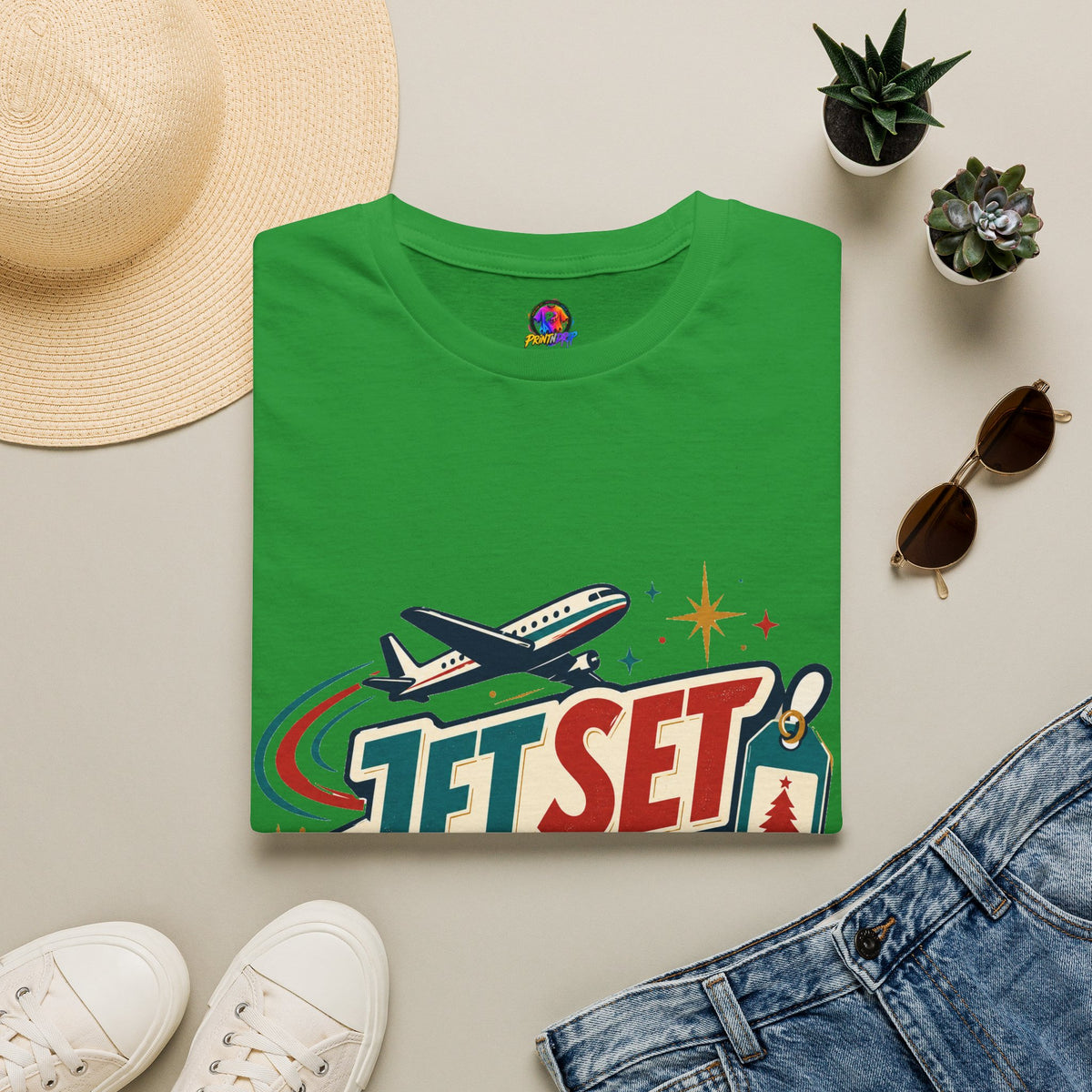 Jet Set Jingle Travel T-Shirt — Retro Airplane Vacation Graphic