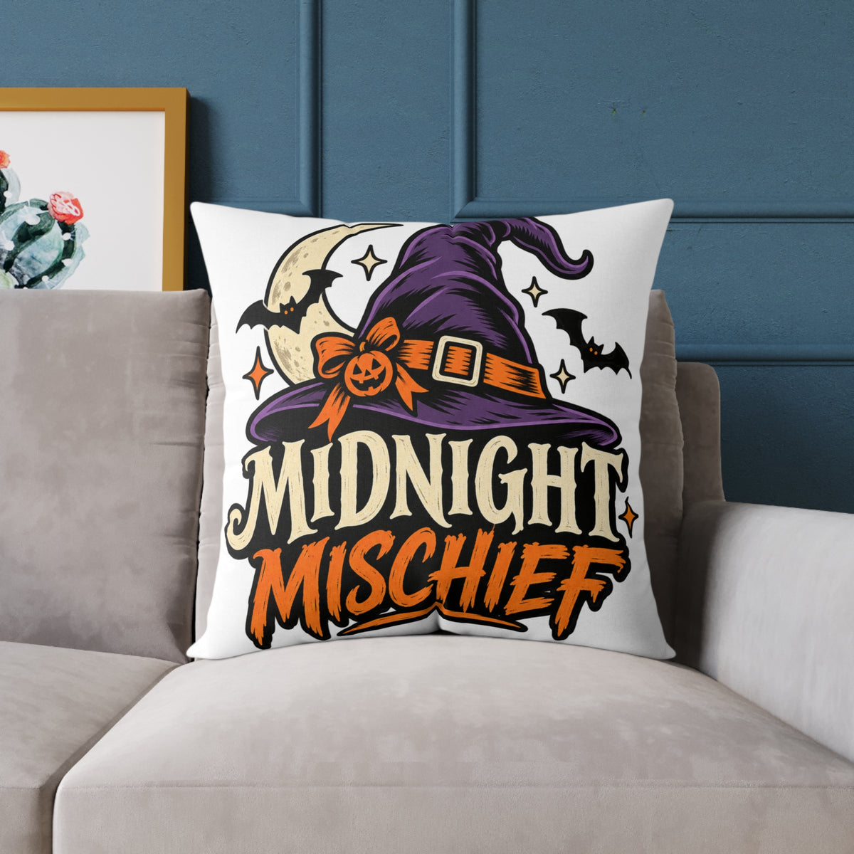 Midnight Mischief Halloween Pillow – Witch Hat & Bats Decorative Throw Pillow