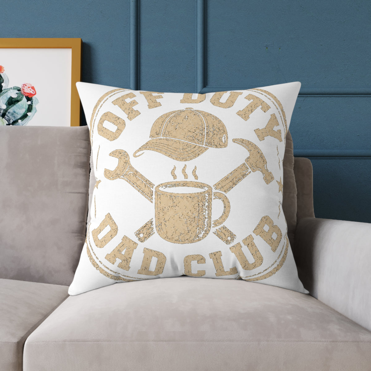Milo Bailey Dog Dad Mom Square Pillow — "Off Duty Dad Club" Rustic Workshop Decorative Throw Pillow