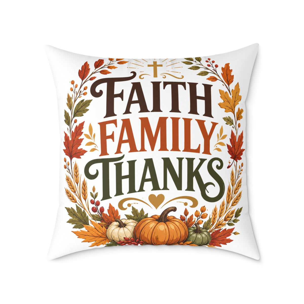 Thanksgiving Faith Family Thanks Fall Pillow — Thanksgiving Pumpkin Accent Cushion