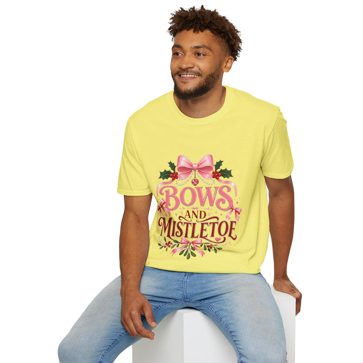Bows and Mistletoe T-Shirt — Pink Holiday Bow Christmas Tee