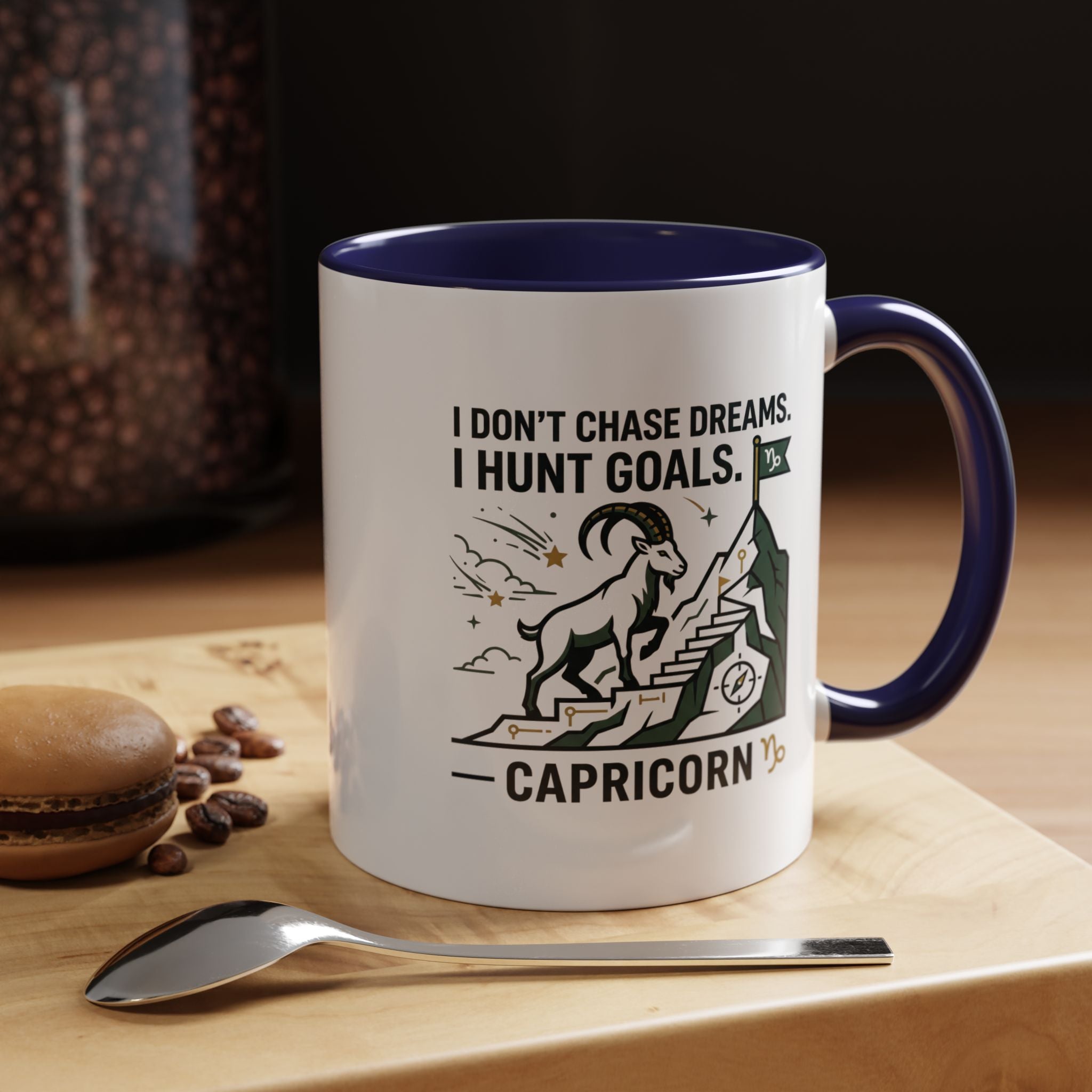 Capricorn Coffee Mug — “I Don't Chase Dreams, I Hunt Goals” Zodiac Accent Mug